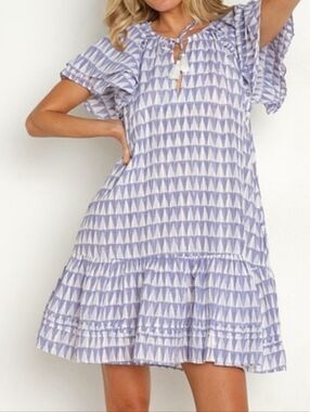CLEOBELLA April Mini Dress M Organic Cotton Tassel Blue Triangles